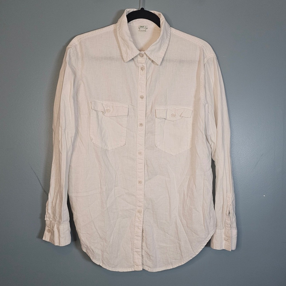 Aerie Womens Linen Blend Button Down Shirt Off White Long Sleeve Size S Pockets